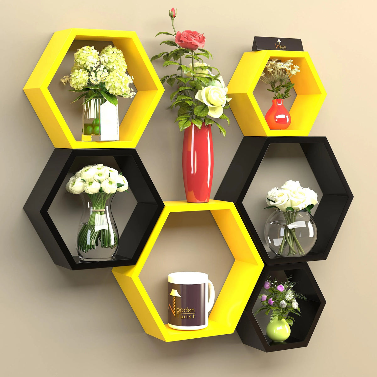 Hexagonal Shape Wooden Floating Wall Shelves (Set of 6) - Wooden Twist UAE