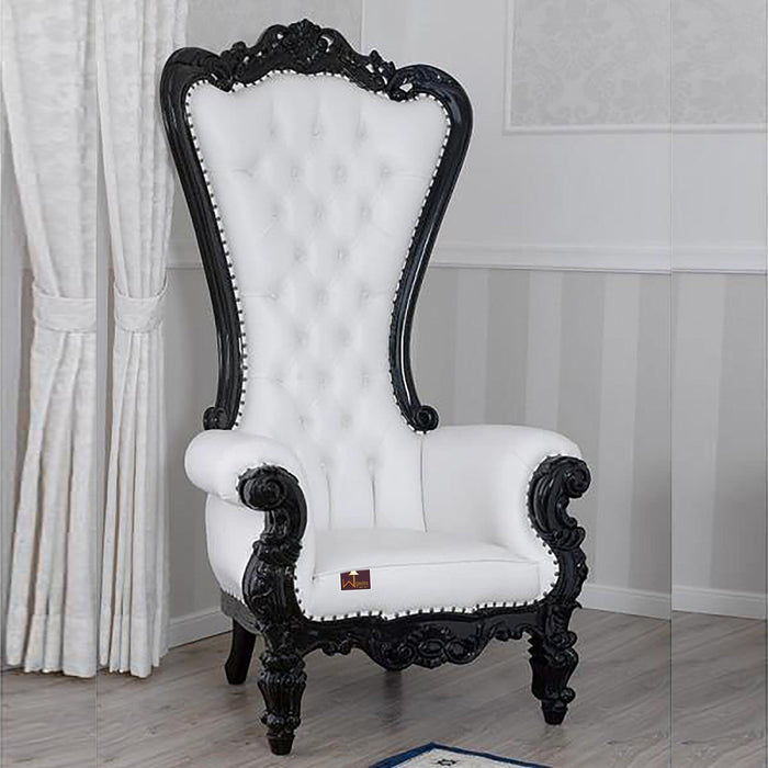 Luxurious High Back throne Silver Leaf & Buttons Chair (Black) - Wooden Twist UAE