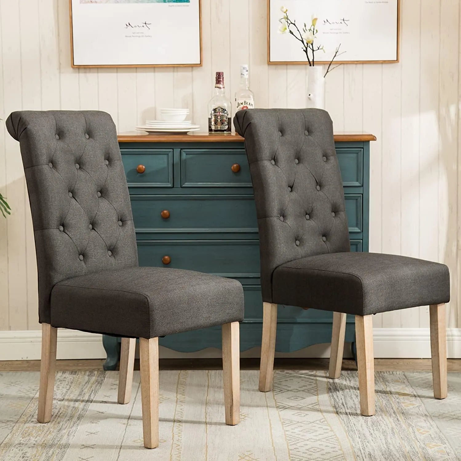 Button Tufted Parsons Chairs in Teak Wood (Set of 2) - WoodenTwist