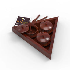 Triangular Jar Set With Tray And Spoon In Sheesham Wood - Wooden Twist UAE