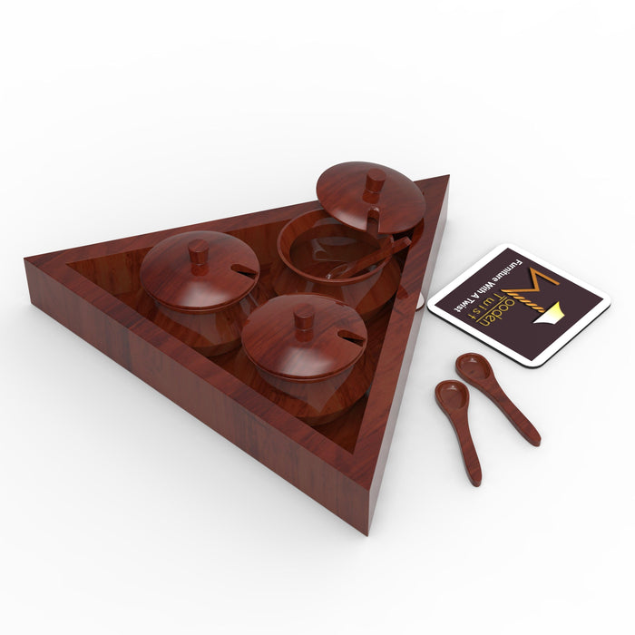 Triangular Jar Set With Tray And Spoon In Sheesham Wood - Wooden Twist UAE