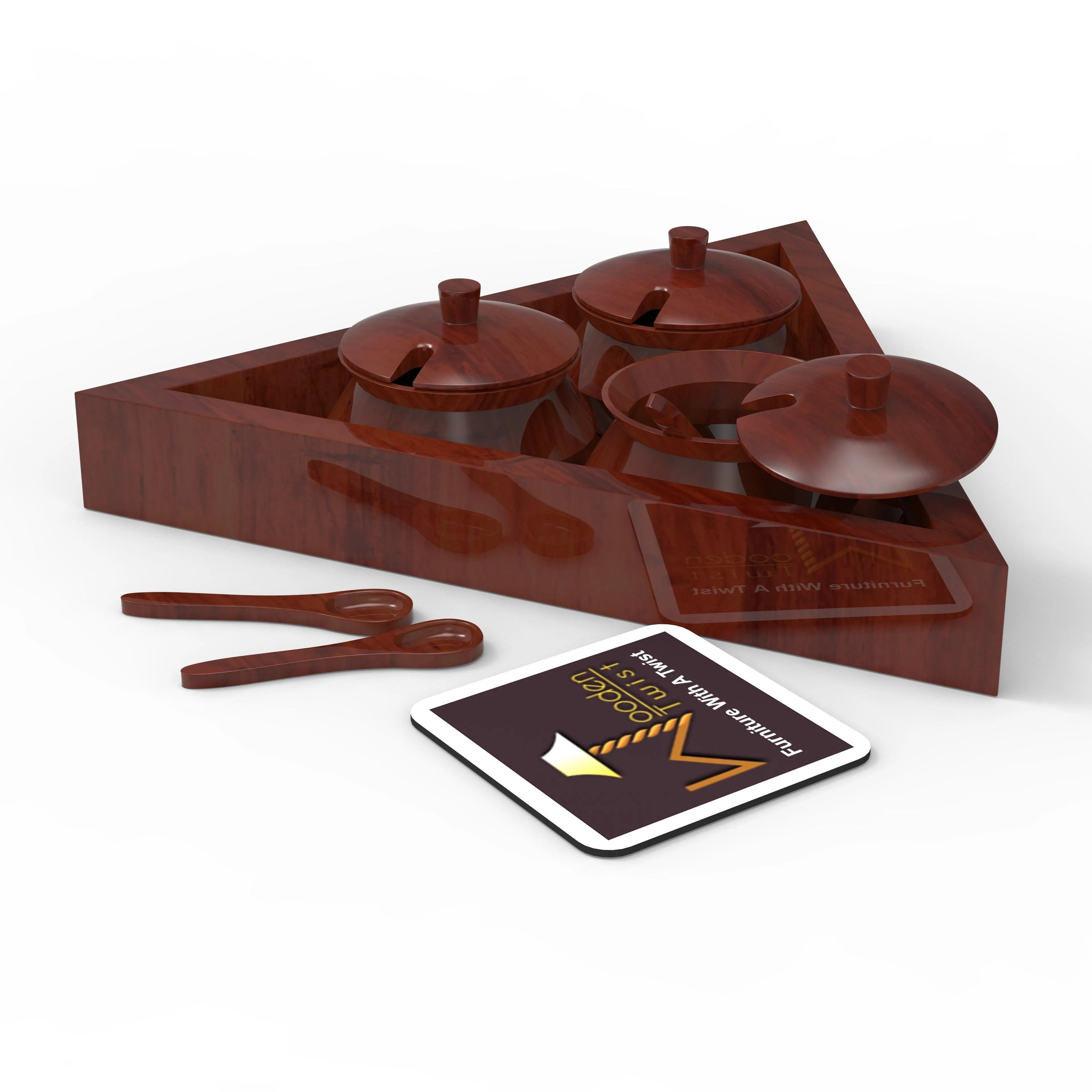 Triangular Jar Set With Tray And Spoon In Sheesham Wood - Wooden Twist UAE