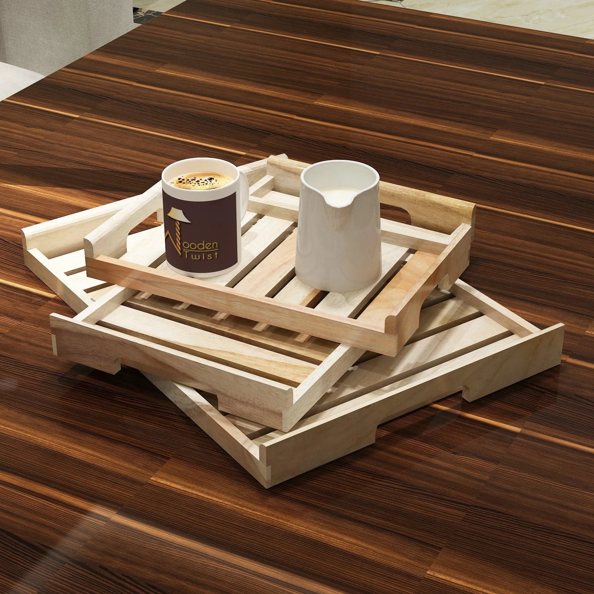 Teak Wood Serving Tray Set of 3 Pcs - Wooden Twist UAE