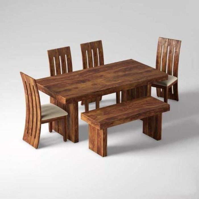 Elegant Teak Wood 6 Seater Dining Set with Bench (Finish Color - Honey)