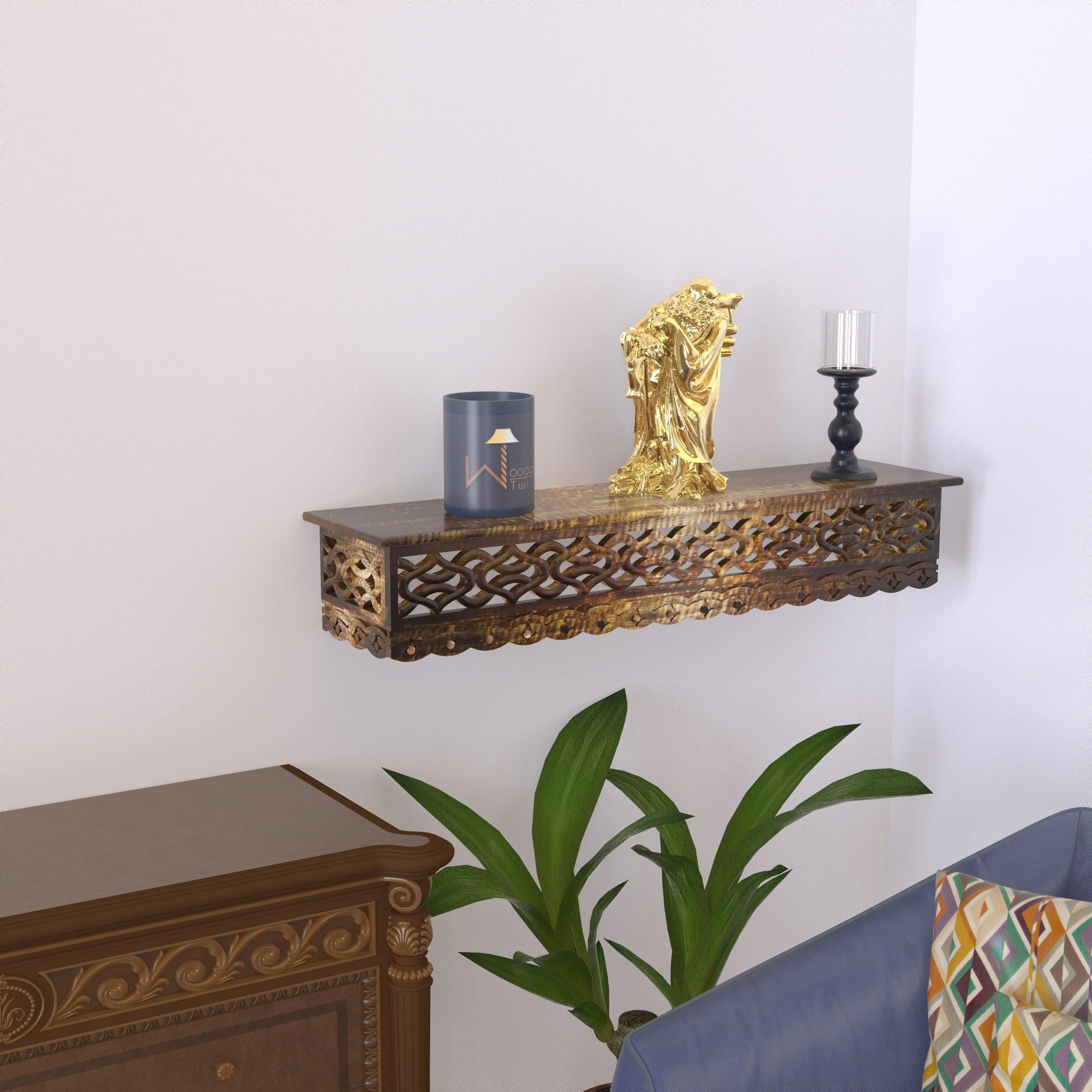 Wooden Fancy Hand Carved Wall Shelf with Jali Work - Decorative Indian Wall Art - Wooden Twist UAE