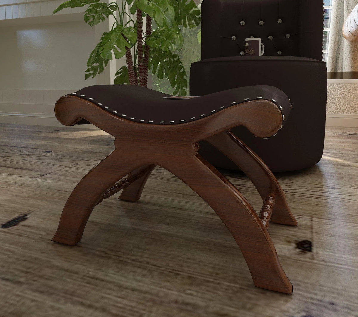 Wooden Twist Piede Teak Wood Ottoman Puffy Stool - Wooden Twist UAE
