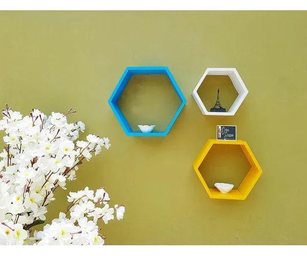 Hexagonal Shape Wooden Floating Wall Shelves Set of 3 - Wooden Twist UAE