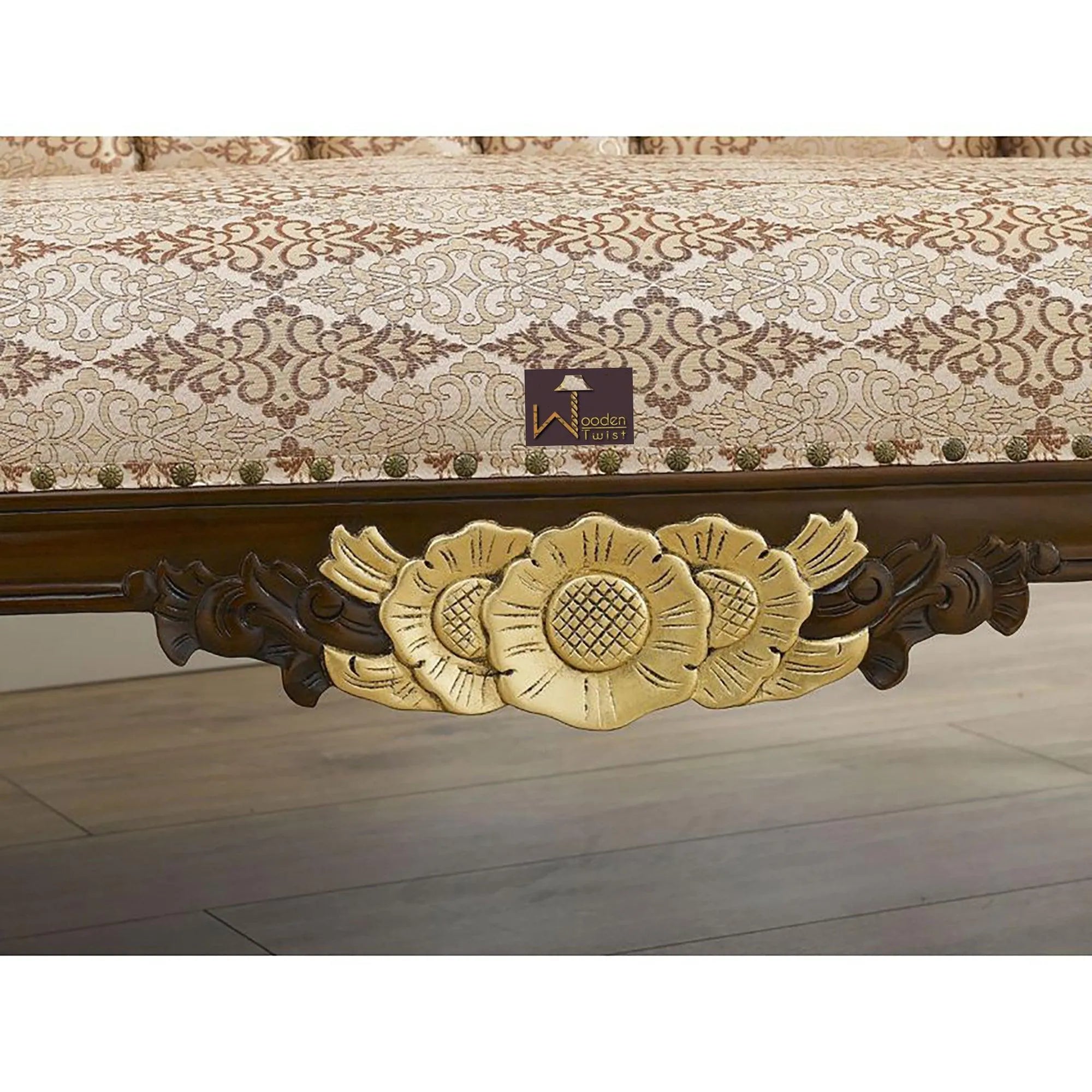 Hand Carved Teak Wood Baroque Style Chaise Longue Sofa Walnut and Gold Leaf - Wooden Twist UAE