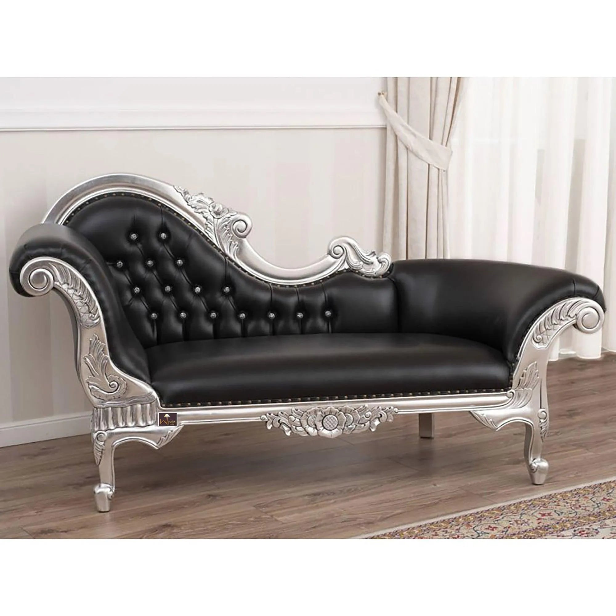 Hand Carved Modern Baroque Style Chaise Longue Silver Leaf (Black) - Wooden Twist UAE