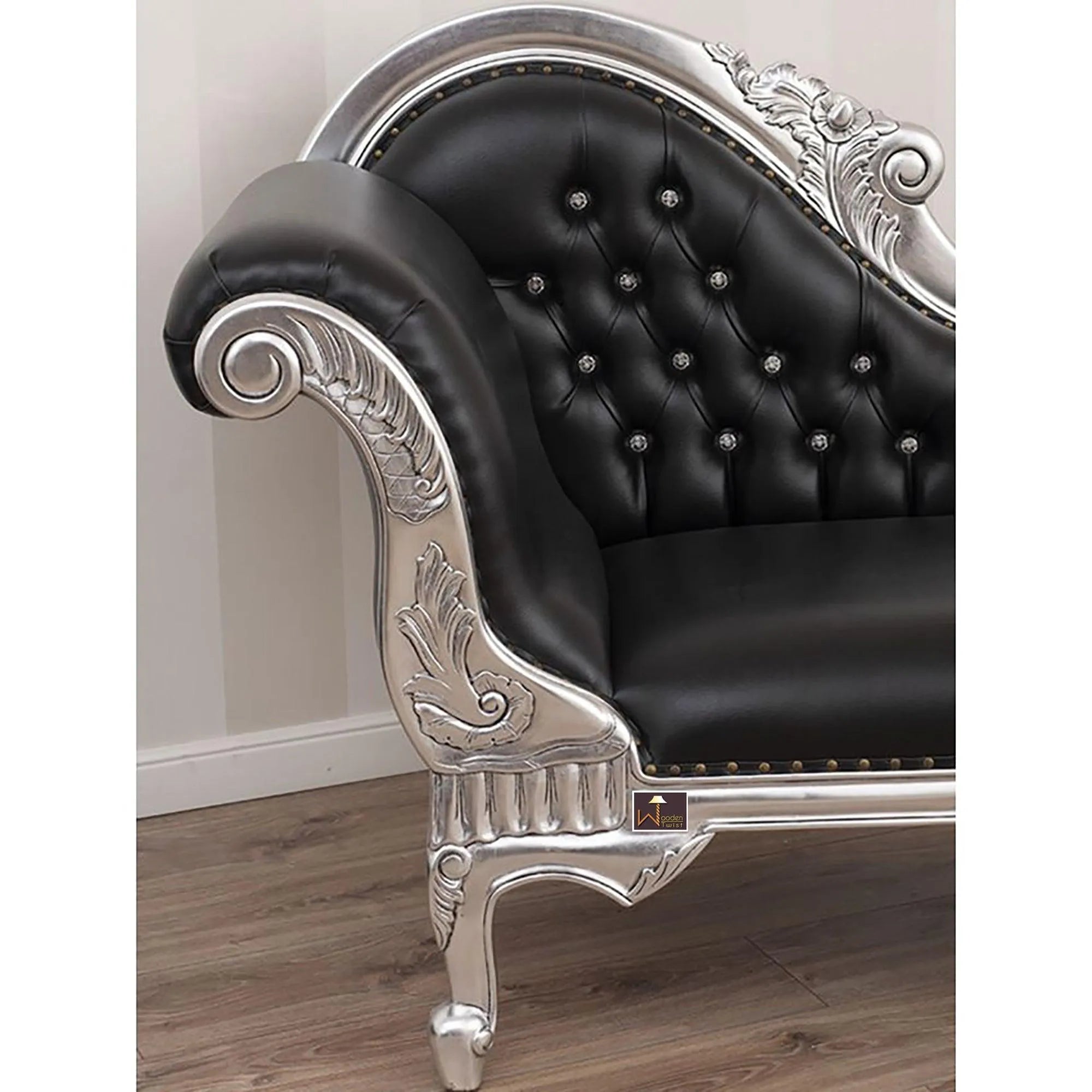 Hand Carved Modern Baroque Style Chaise Longue Silver Leaf (Black) - Wooden Twist UAE