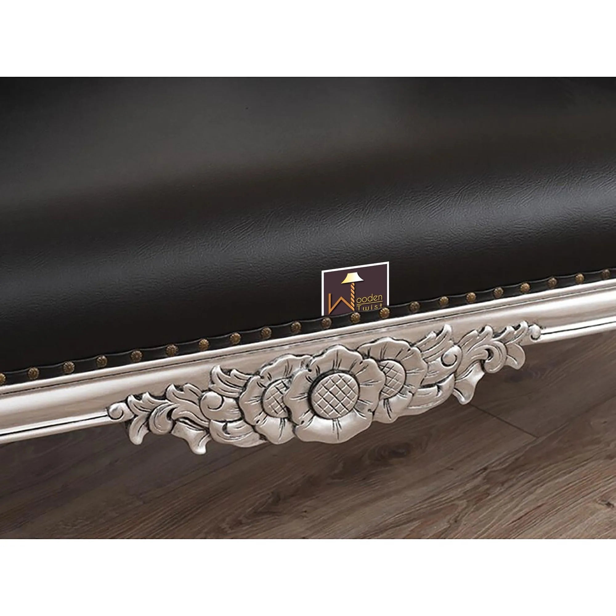 Hand Carved Modern Baroque Style Chaise Longue Silver Leaf (Black) - Wooden Twist UAE