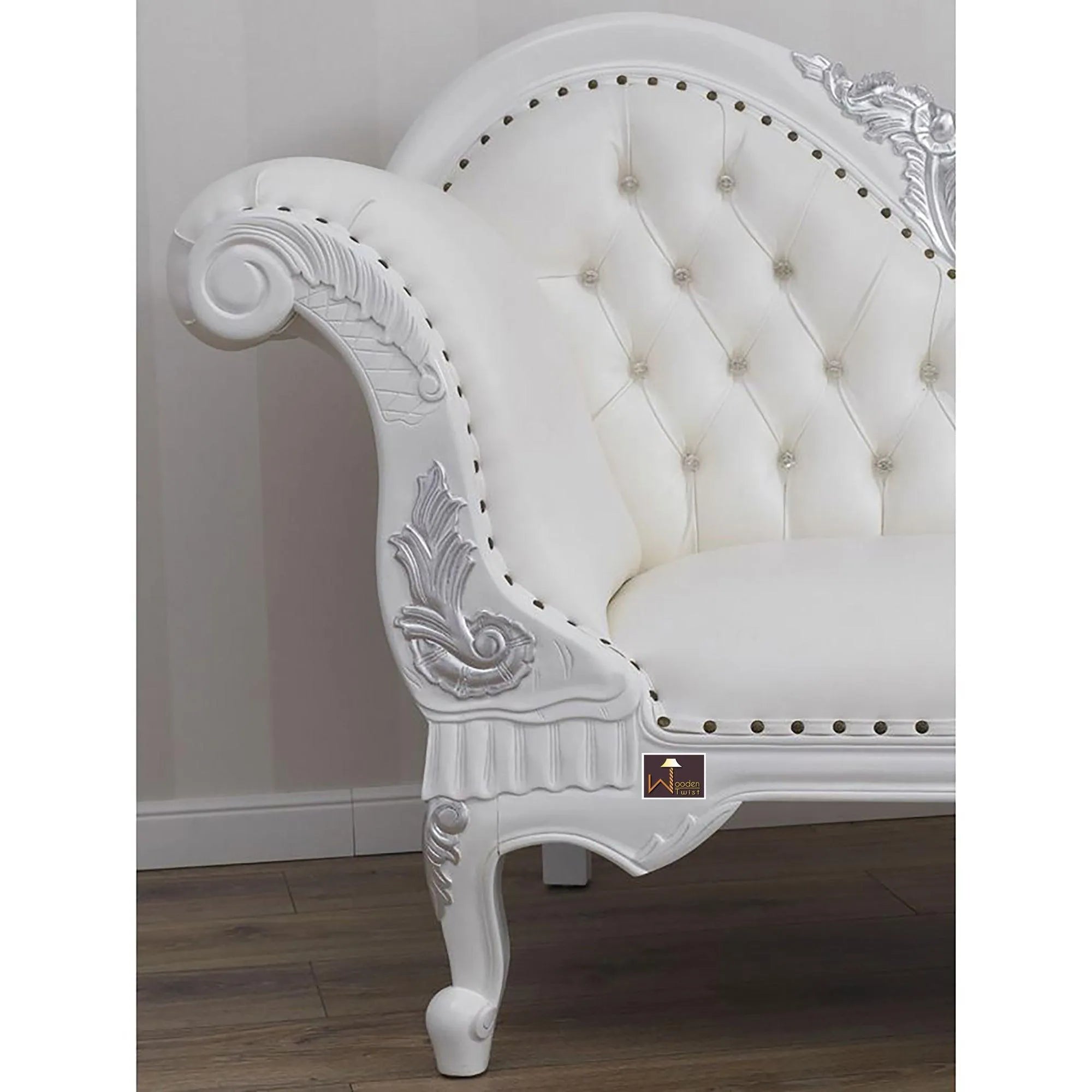 Wooden Hand Carved Modern Baroque Style Chaise Longue Sofa White Lacquered And Silver Leaf - Wooden Twist UAE