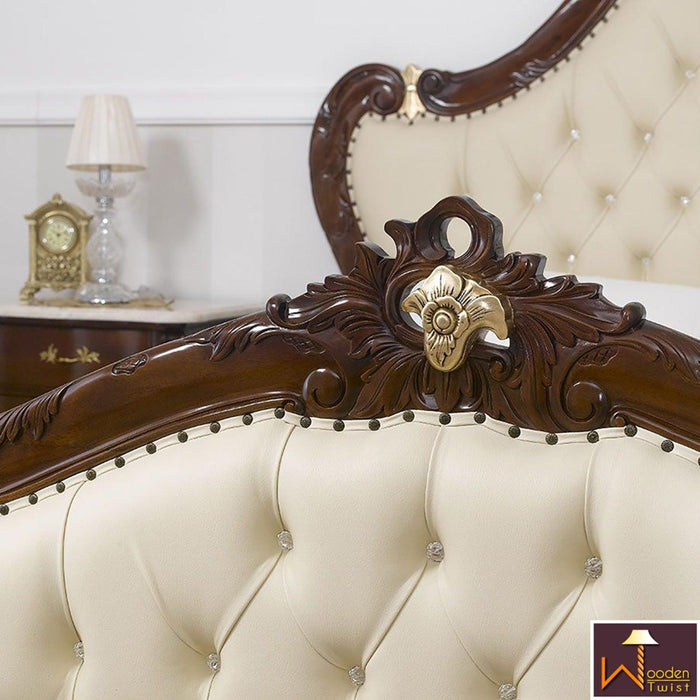 Teak Wood King Size Bed Hand Carved With Cushioned Design - Wooden Twist UAE
