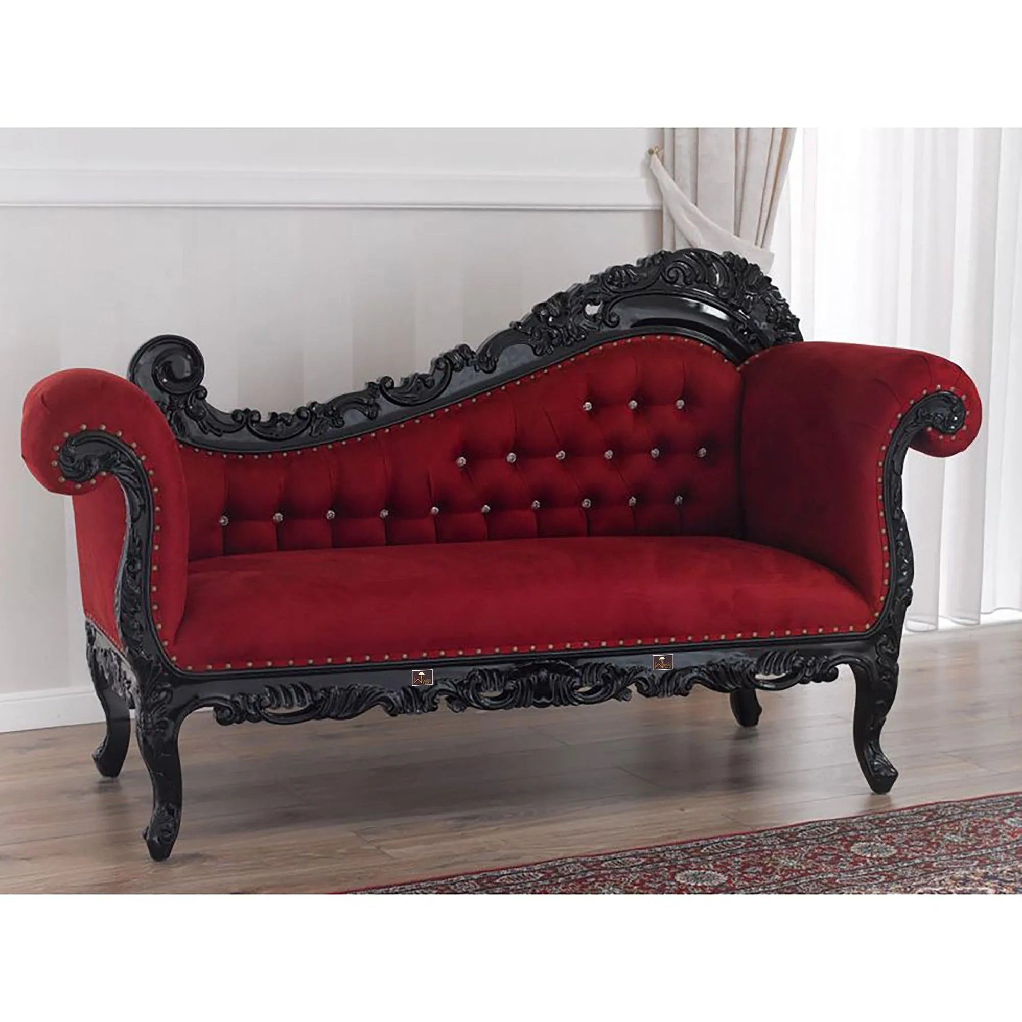 Hand Carved Barock Stil Chaise Longue Sofa Champagner Crystal Teak Wood ( Black ) - Wooden Twist UAE