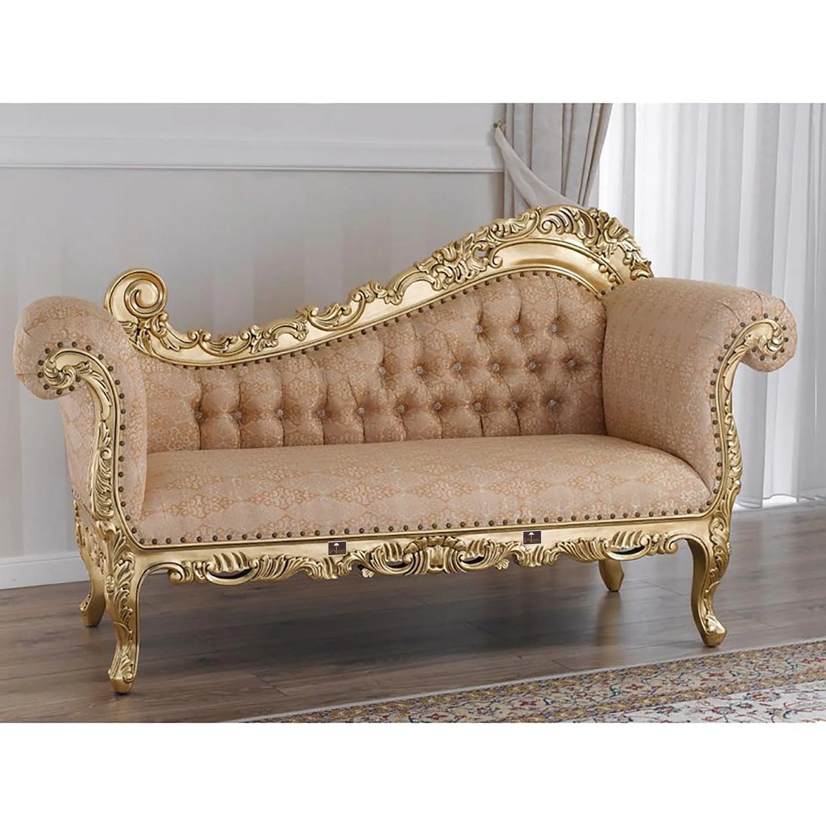 Hand Carved Barock Stil Chaise Longue Sofa Champagner Crystal Teak Wood ( Gold Leaf Damask Fabric ) - Wooden Twist UAE