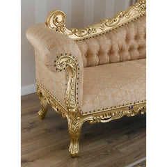 Hand Carved Barock Stil Chaise Longue Sofa Champagner Crystal Teak Wood ( Gold Leaf Damask Fabric ) - Wooden Twist UAE