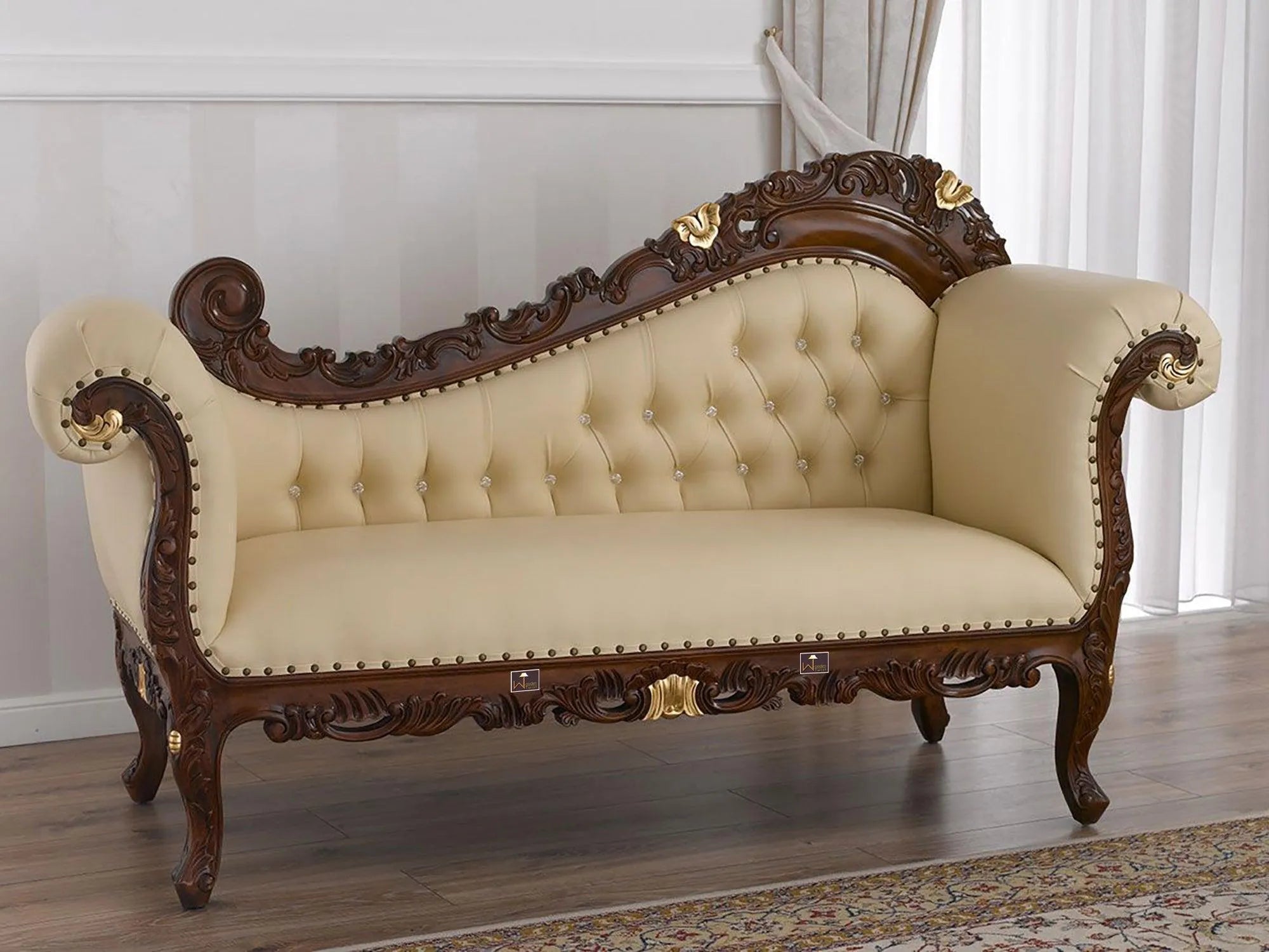 Hand Carved Barock Stil Chaise Longue Sofa Champagner Crystal Teak Wood (Brown & Gold) - Wooden Twist UAE