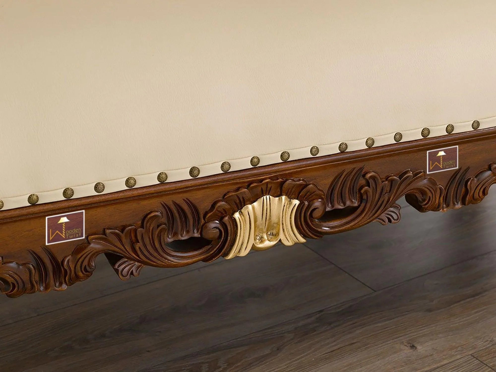 Hand Carved Barock Stil Chaise Longue Sofa Champagner Crystal Teak Wood (Brown & Gold) - Wooden Twist UAE