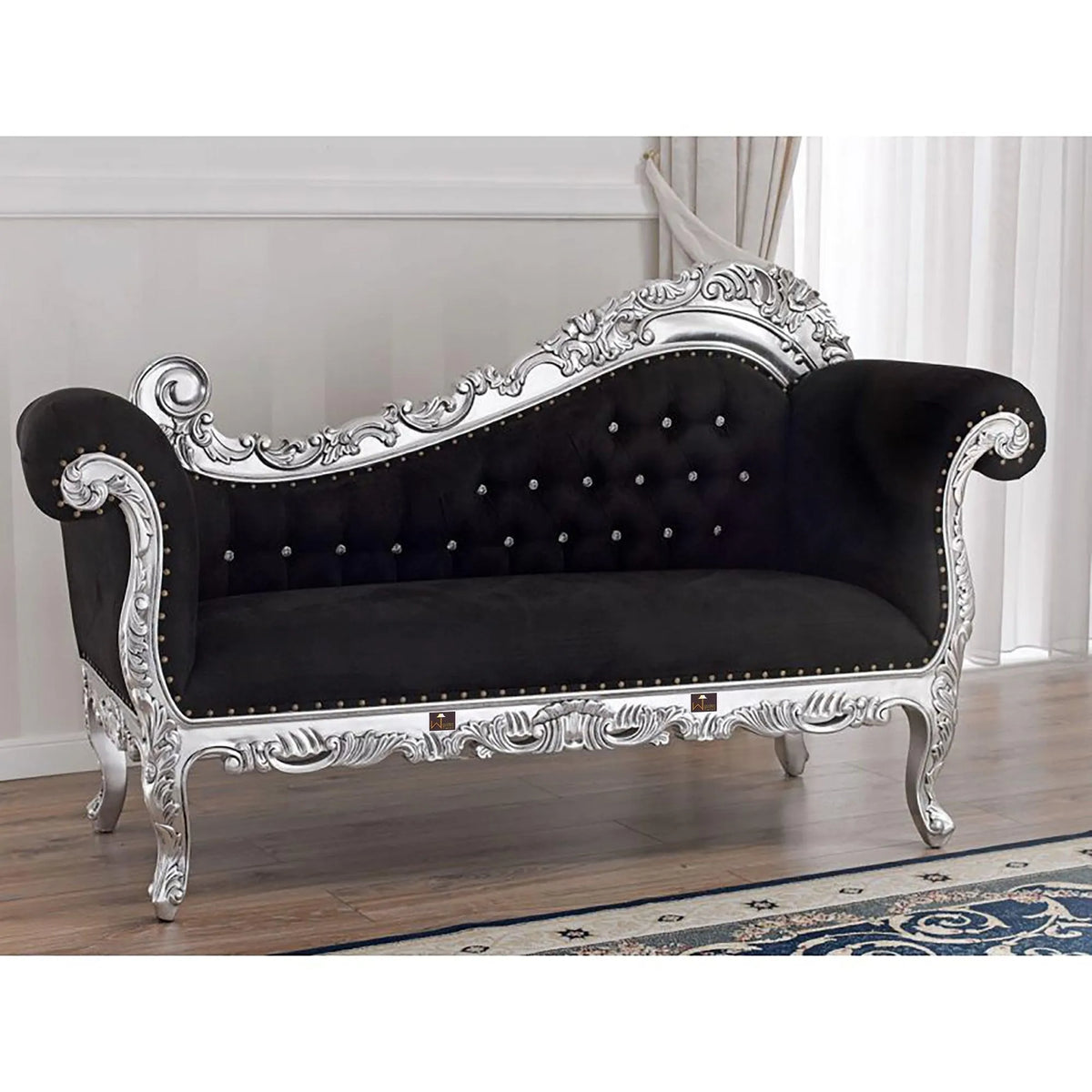 Hand Carved Barock Stil Chaise Longue Sofa Champagner Crystal Teak Wood (Silver Leaf) - Wooden Twist UAE