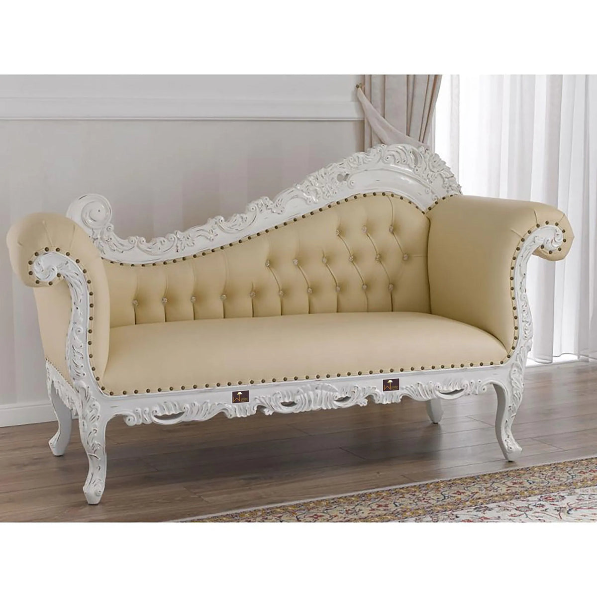 Hand Carved Barock Stil Chaise Longue Sofa Champagner Crystal Teak Wood (Antique White) - Wooden Twist UAE