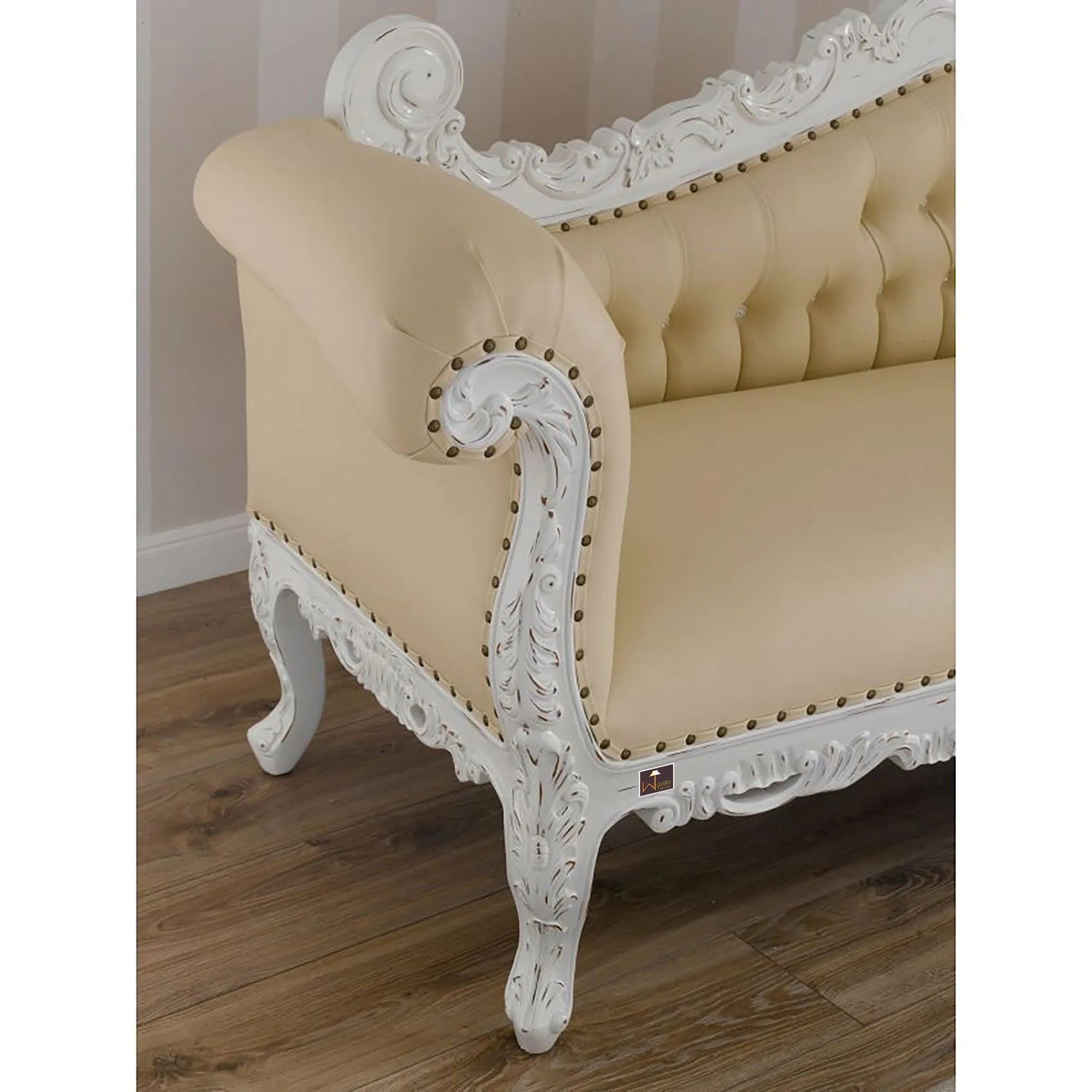 Hand Carved Barock Stil Chaise Longue Sofa Champagner Crystal Teak Wood (Antique White) - Wooden Twist UAE