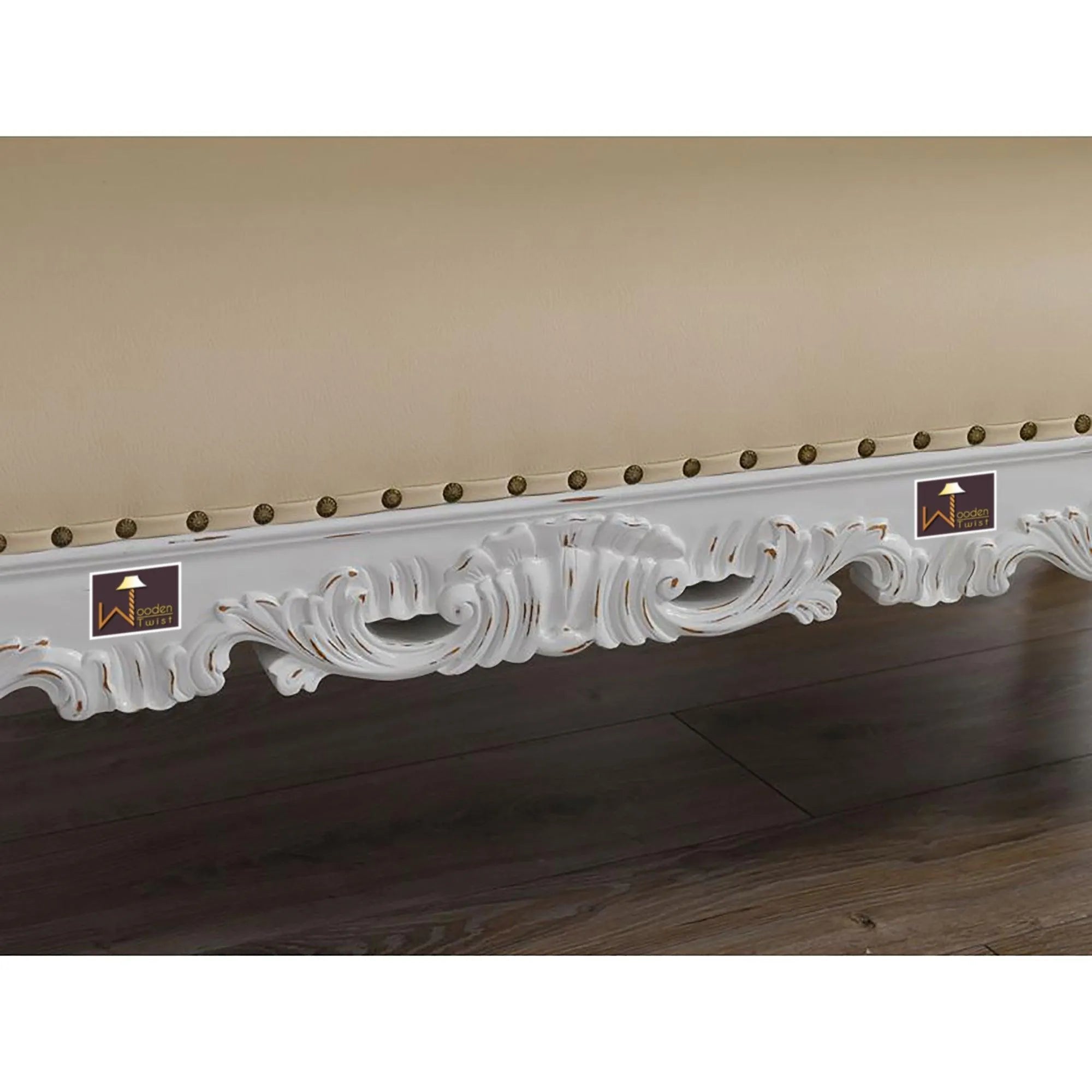 Hand Carved Barock Stil Chaise Longue Sofa Champagner Crystal Teak Wood (Antique White) - Wooden Twist UAE