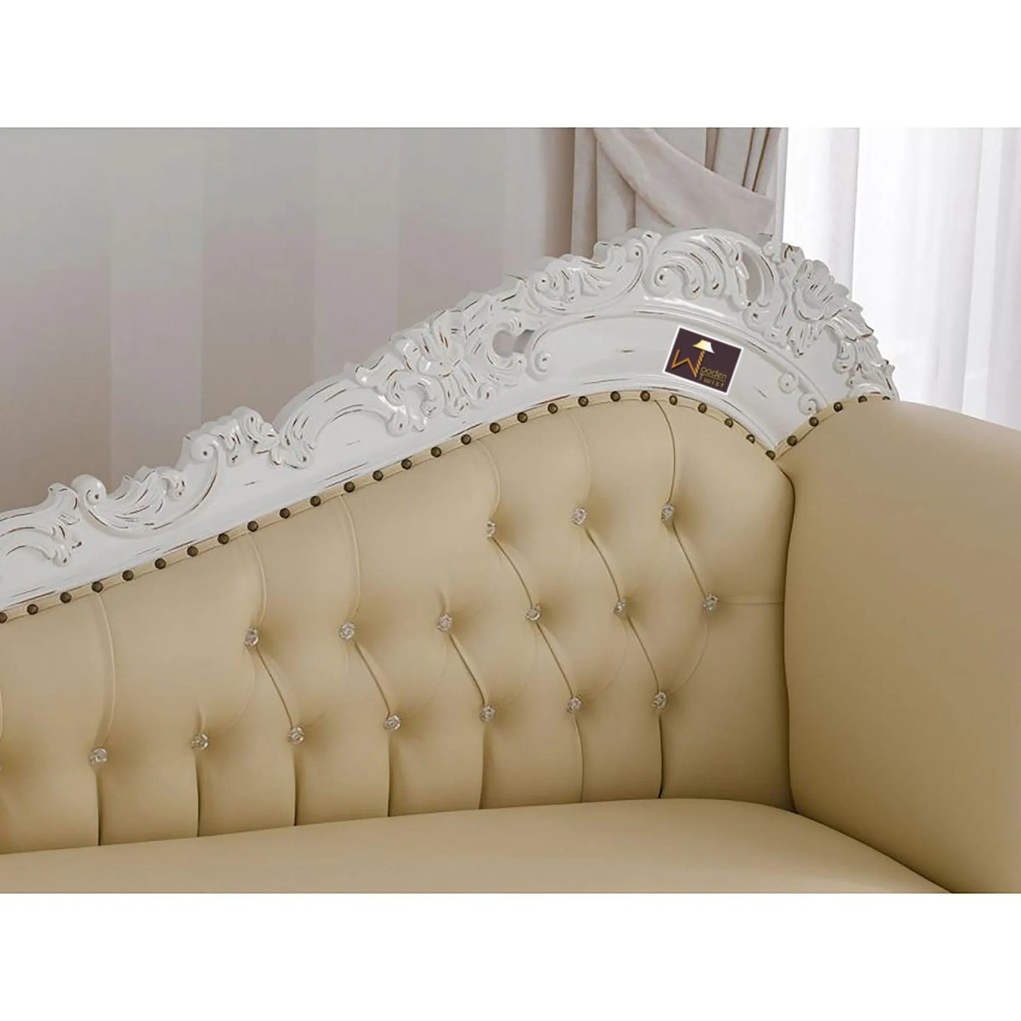 Hand Carved Barock Stil Chaise Longue Sofa Champagner Crystal Teak Wood (Antique White) - Wooden Twist UAE