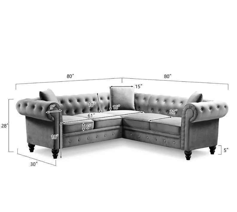 Chesterfield Luxurious Velvet Symmetrical Corner Sectional With Table And Cushions - WoodenTwist