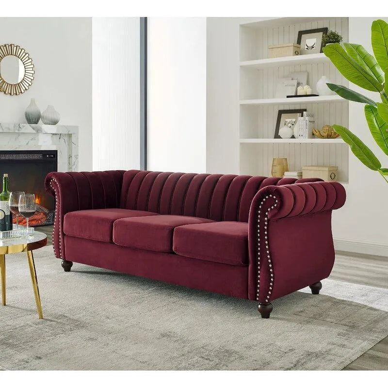 Designer Velvet Rolled Arm Chesterfield Sofa (3 Seater) - WoodenTwist