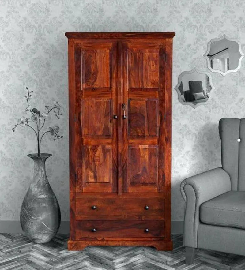 Solid Teak Wood 2 Door Wardrobe Honey Finish - Wooden Twist UAE