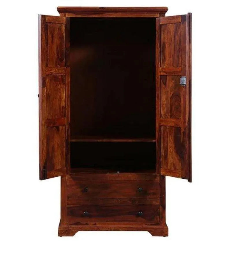 Solid Teak Wood 2 Door Wardrobe Honey Finish - Wooden Twist UAE