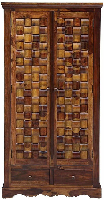 Solid Teak Wood 2 Door With Drawers Wardrobe - Wooden Twist UAE