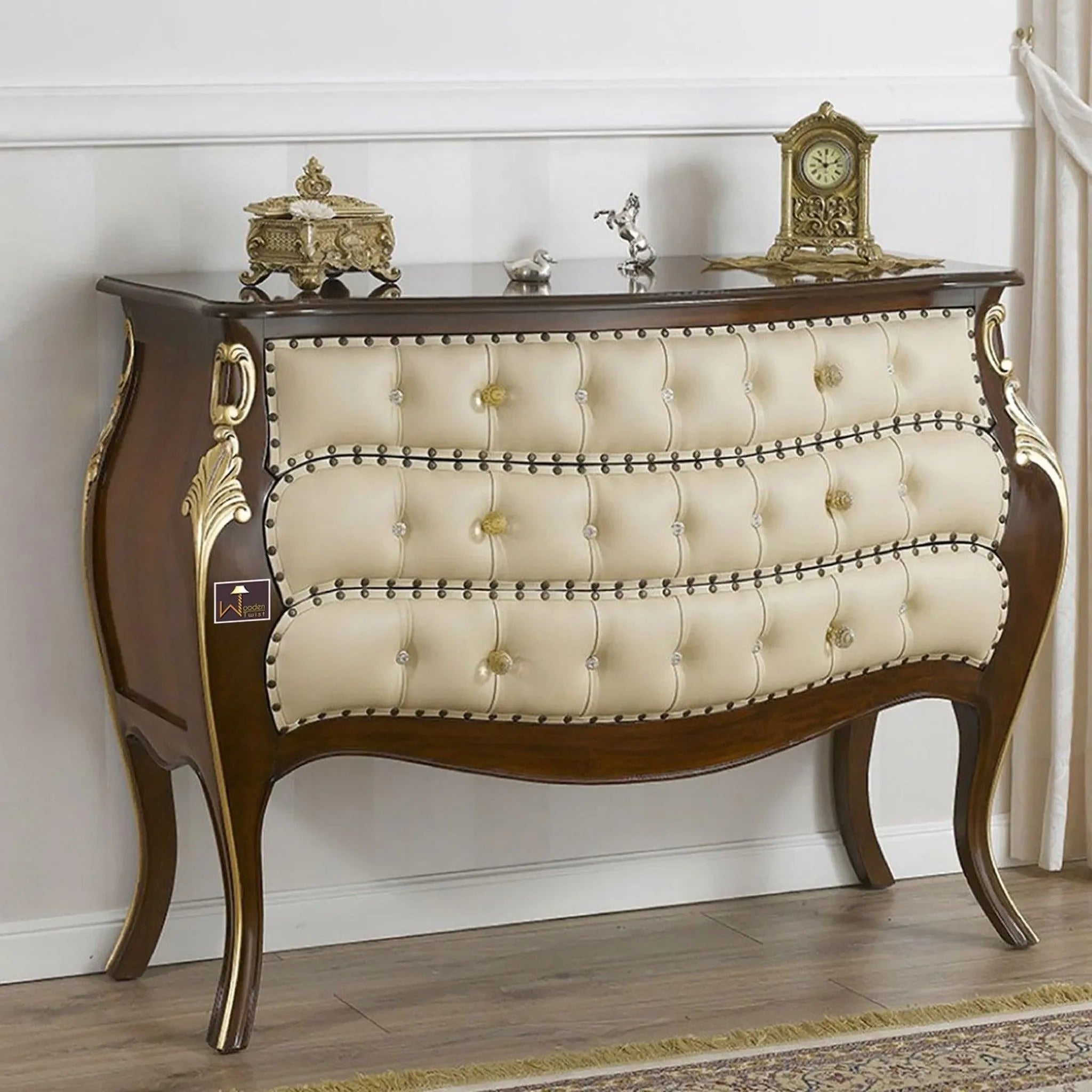 Teak Wood French Baroque Style Royal Cabinet 3 with Drawers - Wooden Twist UAE