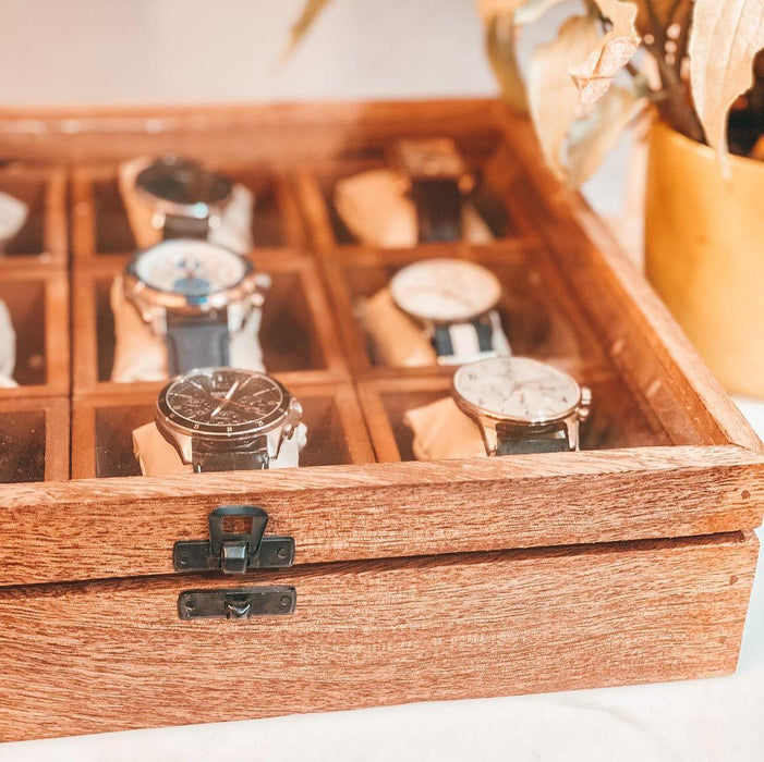 صندوق ساعة خشبي مع 9 حجرات