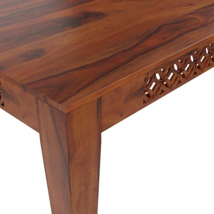 Carved Designer Teak Wood Dining Table & Chairs In Matte Finish