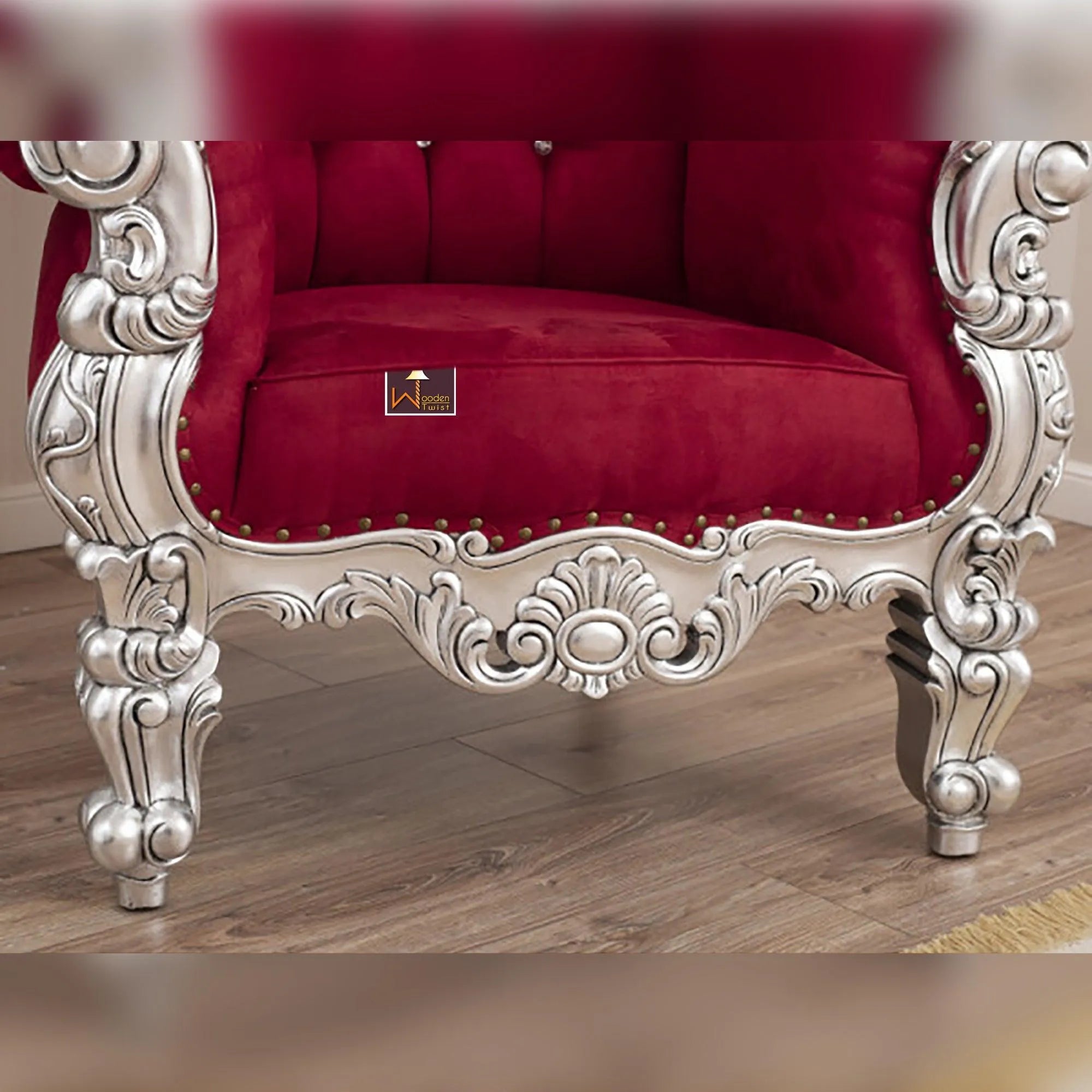 Luxurious High Back throne Silver leaf velvet Chair (Burgundy) - Wooden Twist UAE