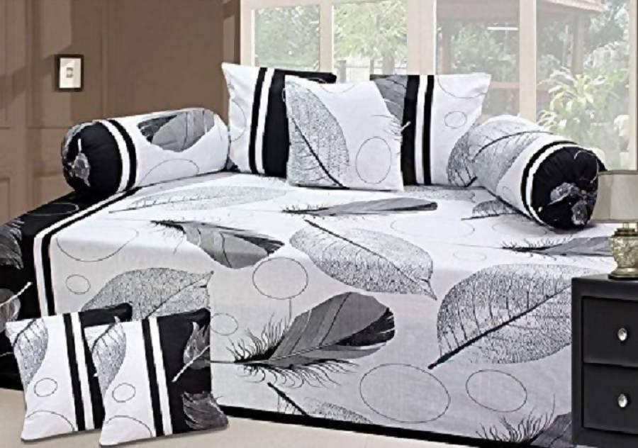 3D Printed Poly Cotton Diwan Set 8 Pcs (1 Single Bedsheet with 5 Cushions Covers and 2 Bolster Covers)